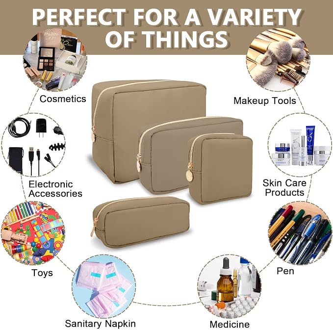 UIXIZQ Large Makeup Bag Pouch,Nylon Women Travel Toiletry Storage Bag Preppy Cosmetic Bag for Girls,Big Makeup Organizer Bag Cute Zipper Pouch Skincare Bag for Sport Work Gift(Large-Khaki)