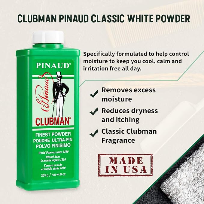 Clubman Pinaud Finest Body Powder, Sweat & Odor Control, Grooming, 9 oz | Moisture Absorbing Essential for Men with Cornstarch & Zinc Oxide, Prevents Chafing with Classic Barbershop Scent