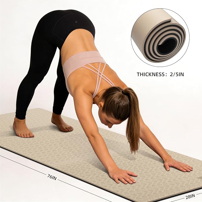 10mm0.4"TPE Yoga Mat Thick Wide Large for Home Workout Carrying Strap | Non Slip Exercise Mats Cushioned Joint-Friendly Stable,76"x28"Extra long Tapis Entrainement Au Sol Fitness,Pilates Gym Travel