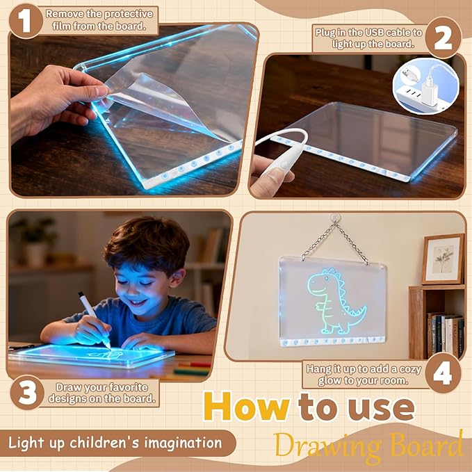 2026 LED Drawing Board for Kids Ages 6+, 1 Pack 13.7" x 9.75" Plug-in Light Up Dry Erase Board with Colors, 7 Color Modes, Stand, Markers, Spray Bottle & Italian Brainrot Tracing Booklet