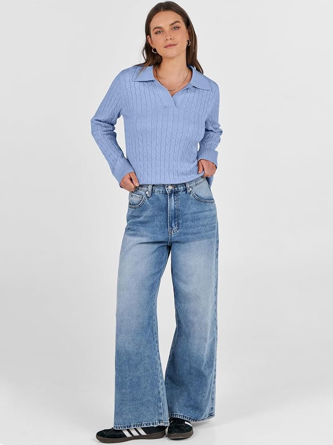 ANRABESS Womens Cable Knit Sweaters Long Sleeve V Neck | Pullover Collared Sweater Tops, Polo Knit Shirts, Business Casual Work, Tennis Golf, Fall Winter Fashion Outfits