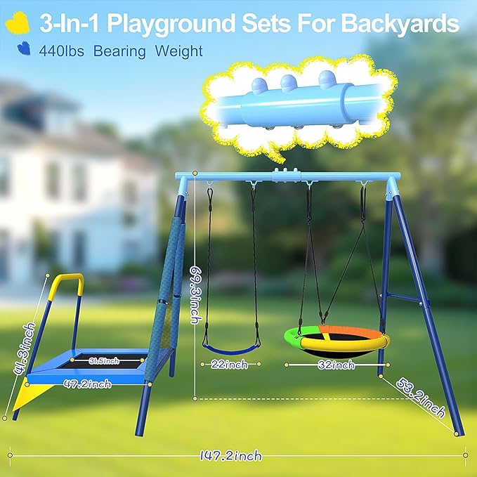 JYGOPLA 440lbs Kids Swing Set, 3-in-1 Outdoor Playground with Saucer Swing, Belt Seat & 4ft Trampoline, Heavy Duty A-Frame Metal Stand & Safety Stakes, Backyard Playset for Toddlers 3-8 Years Old