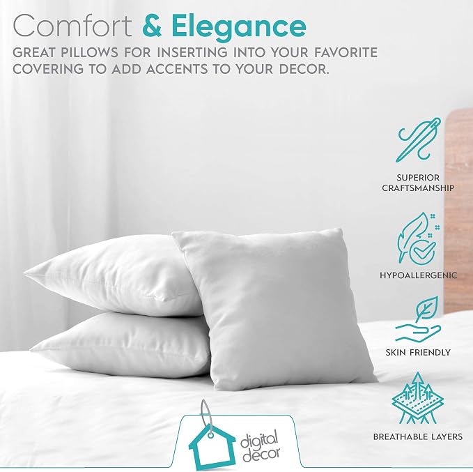 Digital Decor Decorative Throw Pillow Insert 12x12, Premium Hypoallergenic Down Alternative Pillow Form for Couch, Sofa & Bed, Made in USA Square Cushion Insert, White, 1 Pack