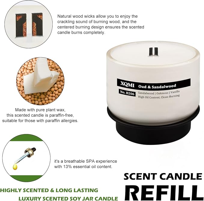 Smart Scented Candle Replaceable Refill with smart chip, Oud & Sandalwood, 4.25oz Large Jar with up to 35 Hour Burn, Giftable