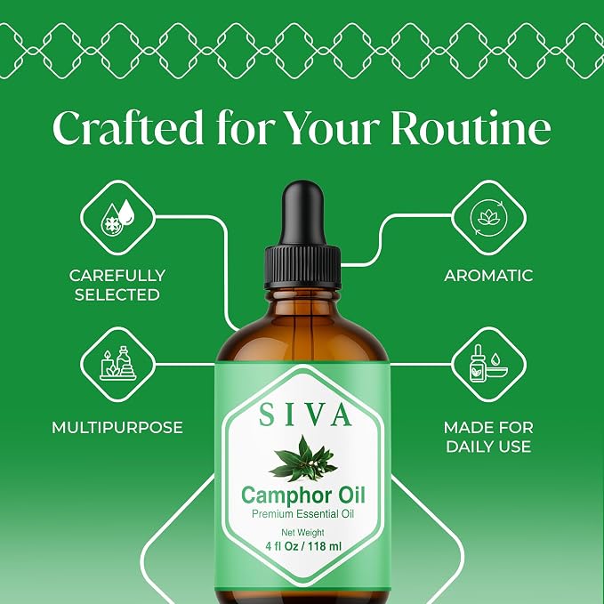 Siva Camphor Essential Oil 4 Fl Oz – for Diffuser, Skin & Hair Care – Ideal for Massage & DIY Blends- with Dropper