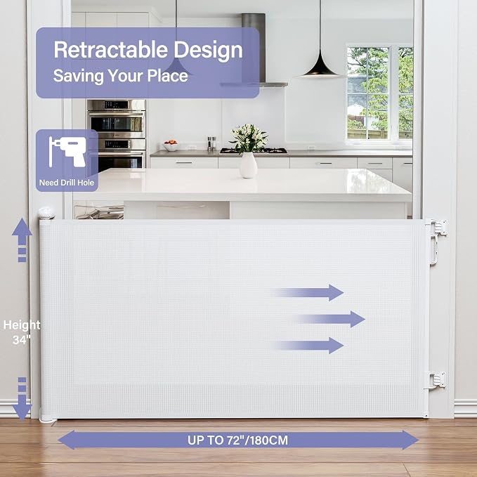 Retractable Baby Gates Extra Wide, PRObebi Retractable Dog Gate for the House Extends to 72" Wide 34" Tall, Gates for Baby Indoor, Stair Gate for Outdoor, Staris, Hallways, Doorways, Deck, Porch