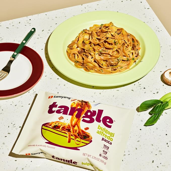 Tangle Bulgogi Alfredo Instant Pasta, 15g Protein Fettuccine, 4g Fiber 4pk | 15g protein, 4g fiber per serving; Chickpea-based air-dried noodle; Sweet-savory bulgogi meets creamy alfredo; Ready in 5min