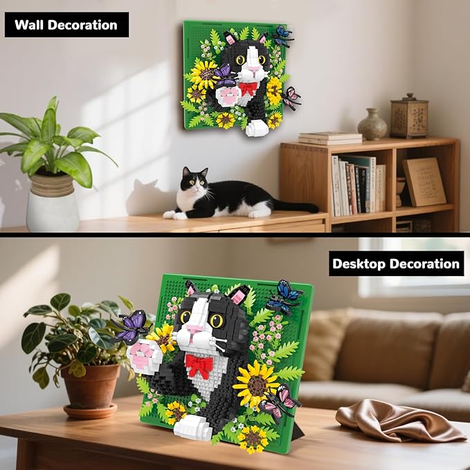 Flowers Cat Animal 3D Wall Art Micro Mini Building Blocks Set, Unique Home Wall Decor or Table Display, No Compatible with Lego Set, Ideal Gift Toy for Adults Boys Girls (1402 PCS)