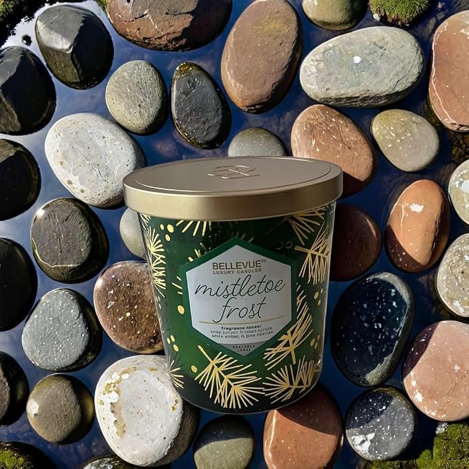 Bellevue Luxury Candles, 12 OZ Fragranced Candle, Soy Blend Wax, Essential Oils, Long-Lasting Burn, Home Fragrances, Aromatherapy Home Scented Candles Scent Mistletoe Frost