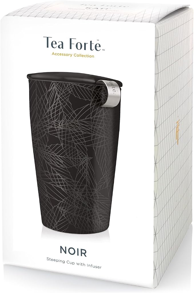 Tea Forte Double-Walled Ceramic Kati Cup, Removable Stainless Steel Infuser Basket and Lid, Steeps 12 oz Loose Leaf Tea, Dishwasher & Microwave Safe, Noir