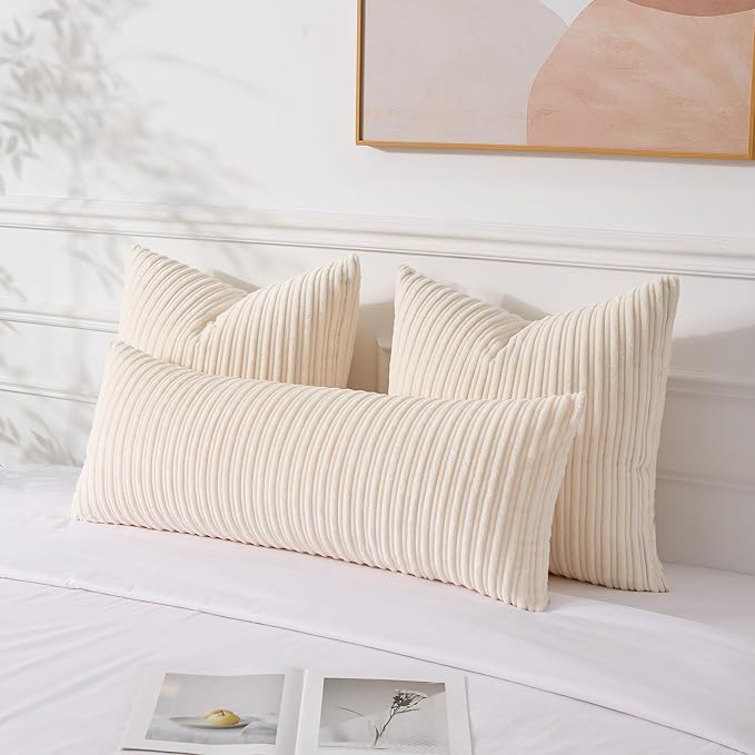 UGASA 14x36 Inch Pillow Cover Pack of 1 Soft Boho Stripe Corduroy Large Long Rectangular Lumbar Cushion Cover Farmhouse Decorative Throw Pillowcase for Bed, Couch, Sofa, Bedroom, Living Room, Cream