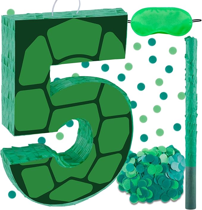 16 Inch Turtle Number 5 Pinata, Turtle Birthday Decorations, Turtle Theme Pinata with 16 Inch Stick Blindfold Confetti for Boy Girl Kids 5th Birthday Party Supplies(5th)