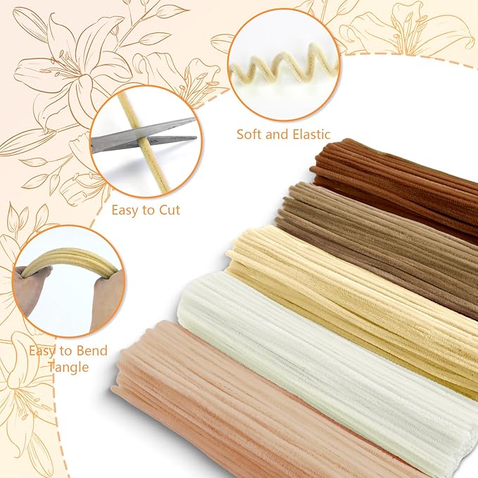 400 Pcs Pipe Cleaners Craft,5 Assorted Colors Pipe Cleaners Bulk, Chenille Stems for DIY Flower Making Kit with Floral Wires, Gardening Tape,Stamen& Ribbon (Brown)