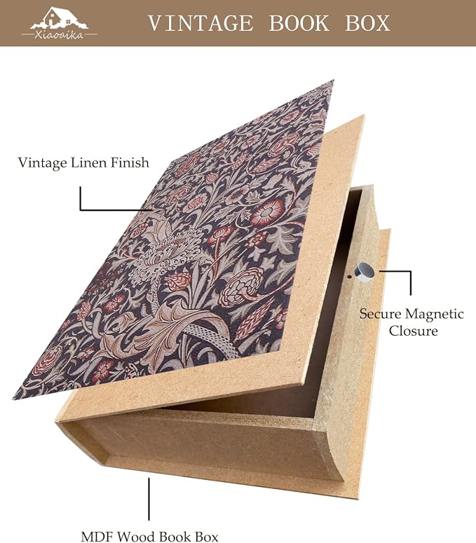 Decorative Wooden Book Box, Vintage Faux Book Boxes with Magnetic Closure, Secret Storage, Antique Look Linen Cover for Bookshelf or Office Decor (1 x William Morris)