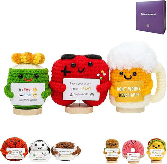 3-PCS | Fun & Games Crochet Set | Fire Cupping Beer Game Controller Positive Plush | Handmade Funny Stuffed Figures with Wooden Stand & Inspirational Cards | Mini Desk Decor Gift for Teens Adults
