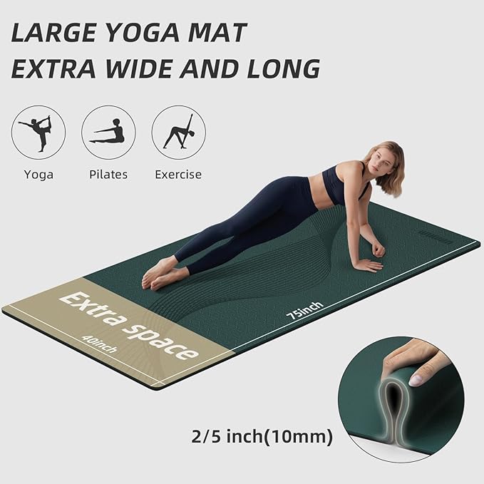 Large Exercise Mat | 10mm Thick TPE Non-slip Gym Mats, Carrying Strap