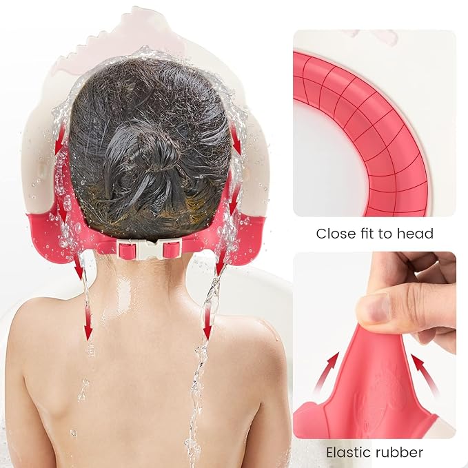 FUNUPUP Baby Shower Cap for Kids, Baby Bath Shampoo Visor Cap Hair Washing Shield Adjustable Silicone Bath Hat for Toddler Girls and Boys (Dinosaur,Red)