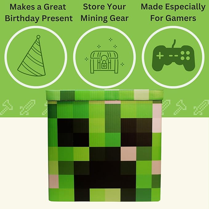 Large 14 x 14 Pixelated Box - Creeper| Birthday Party Supplies | Storage Decoration and Prop, Big Birthday Box | Storage Bin Chest With Lid Gift Accessory (Creeper Block)