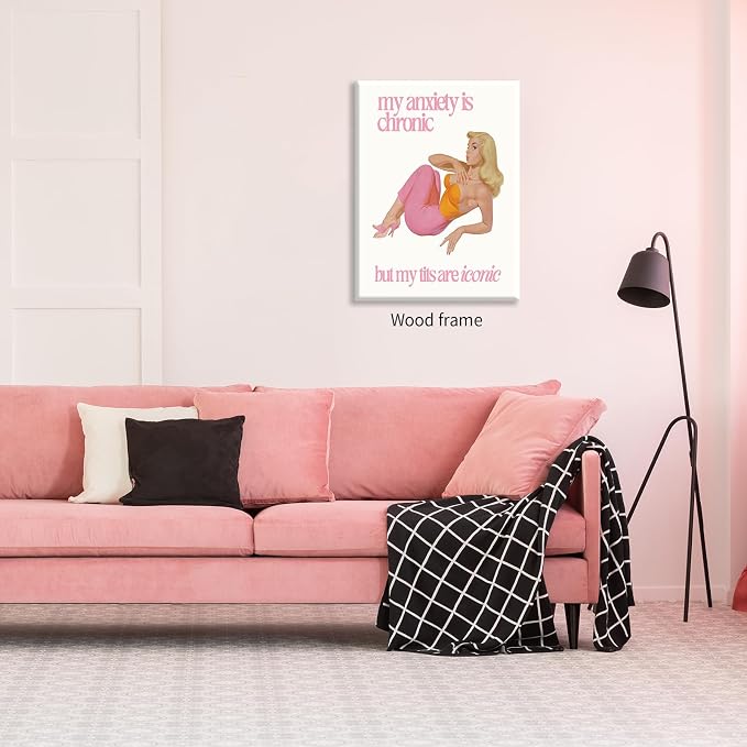 Funky Sexy Women Wall Art Funny Quote Social Anxiety Poster 60s 70s Vintage Housewife Canvas Prints 24X36 inch Framed for Apartment Wall Decor