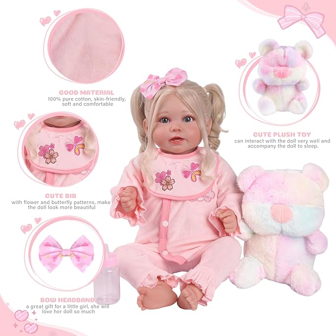 BABESIDE 8 Pcs Reborn Baby Doll Clothes with Bassinet for 17-22 Inch Babydolls, Reborn Baby Doll Accessories and Baby Dolls Clothes fit Newborn Baby Dolls Girl, Pink