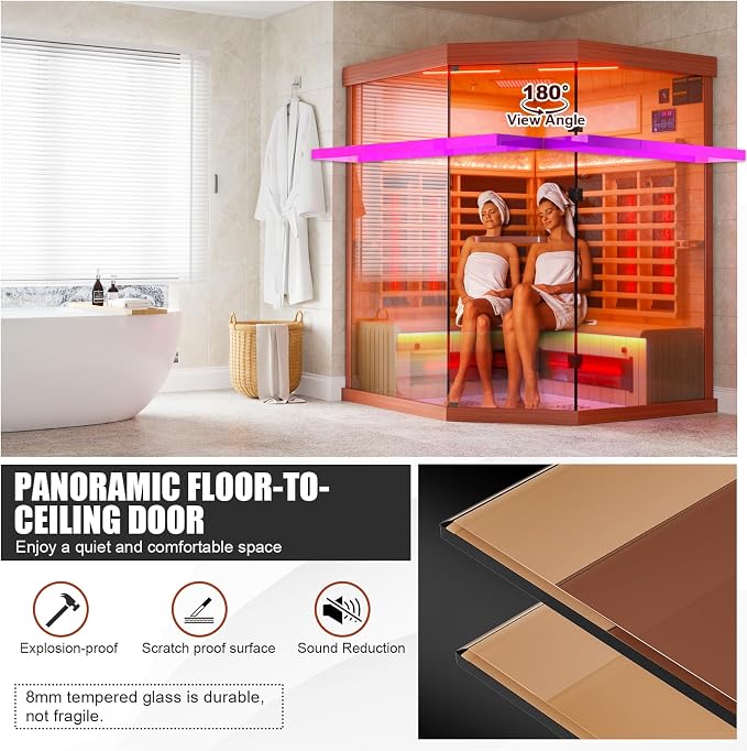 MEISSALIVVE Full Spectrum Infrared Sauna，4 Person Home Sauna， Red Cedar Luxury Indoor Spa Sauna with Resonance Speaker, Panoramic Tempered Glass Door
