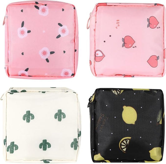 4 PCS Sanitary Napkin Storage Bag, Menstrual Pad Zipper Period Pouch Portable Period Bag Panty Liners, Pad Pouch with Zipper for Women Ladies Daily Use Purse Travel(4 Patterns)