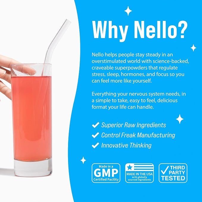 Nello Supercalm Powdered Drink Mix, Cortisol Reducer and Sleep Aid Supplement, L Theanine, Ksm-66 Ashwagandha, Magnesium Glycinate, Vitamin D 3, No Sugar, Non GMO, On The Go, 20 Ct, Raspberry Lemonade