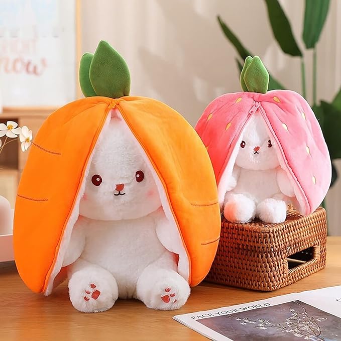 Bunny Plush Doll Toy Pillow, Reversible Carrot Strawberry Bunny Stuffed Animal with Zipper, Cute Rabbit Decoration for Kids & Adult Birthday Party Gift (1pcs 10" Carrot)
