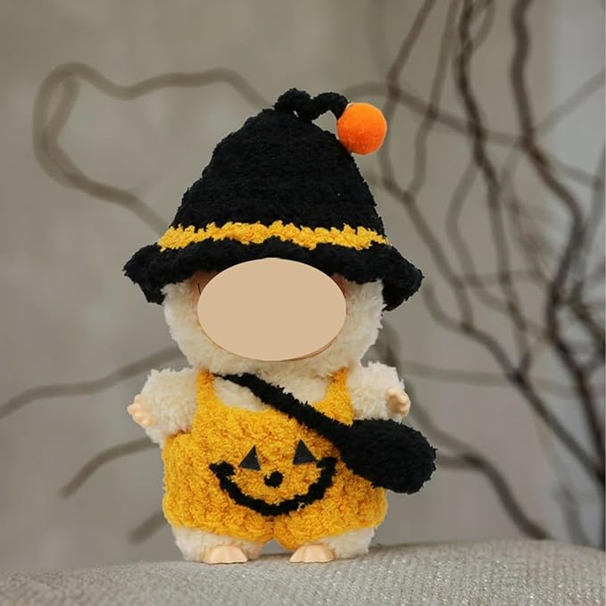 17cm Doll Clothes, Halloween Witch Hat and Pumpkin Costume Set Handcrafted Crochet Halloween Clothes for 6.7"(No Doll Included)