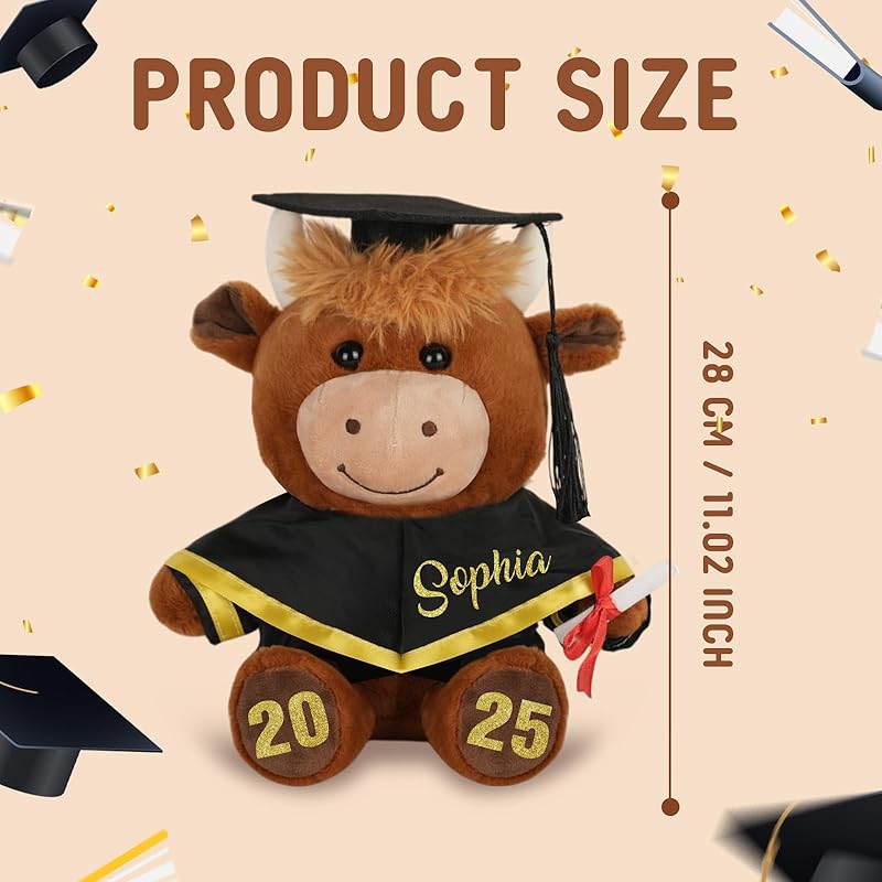 Custom Graduation Highland Cow with Name Date, Personalized 2025 Graduation Stuffed Animal for Kids Students, Cute Pre K Kindergarten High School College Grad Gift for Him/Her