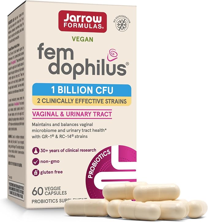 Jarrow Formulas Fem-Dophilus Vaginal Probiotics 1 Billion CFU With 2 Science-Backed Strains, Dietary Supplement For Vaginal & Urinary Tract Support, 60 Capsules, 60 Day Supply, Shelf-Stable Probiotics