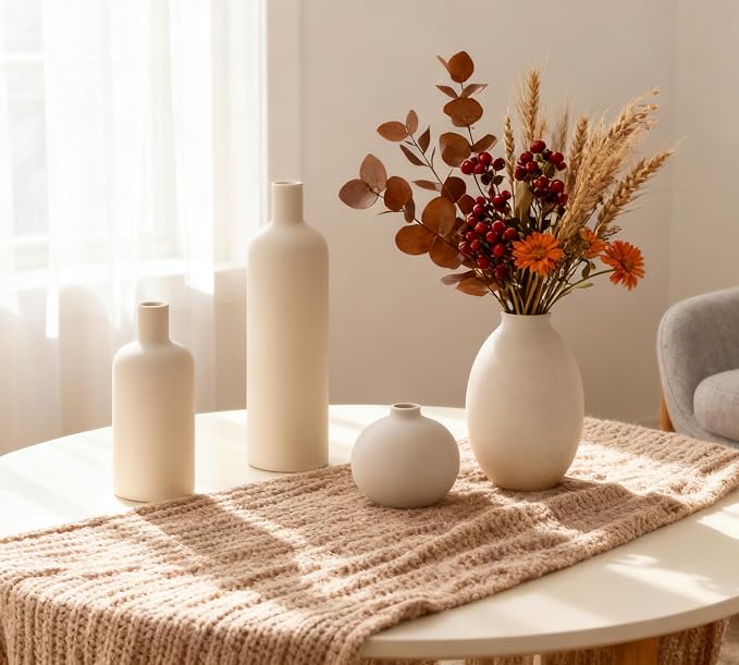 Ceramic Vase Set of 4, Classic Beige White Matte Vases Home Decorations for Table Shelf Office Centerpieces Decor