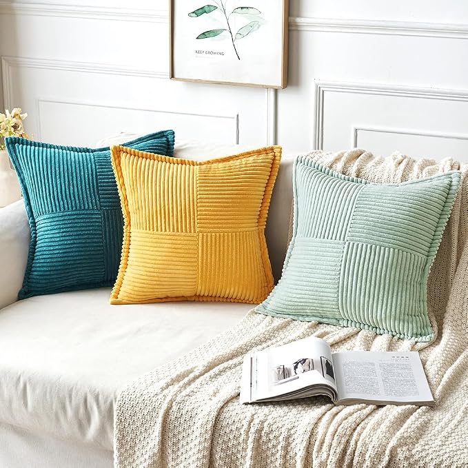 MIULEE Decorative Throw Pillow Covers for Couch 16x16 Inch Light Green | 2 Pack, Boho Broadside Striped Patchwork Pillow Covers, Soft Corduroy Cushion Cases, For Sofa Bed Livingroom Home Decor