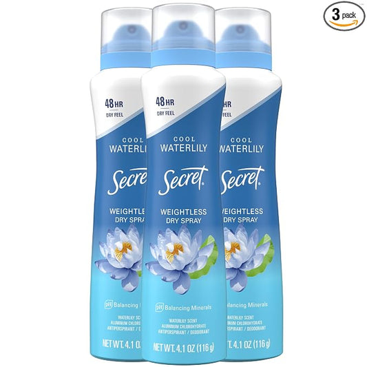 Secret Dry Spray Antiperspirant Deodorant for Women, 48hr Weightless Sweat & Odor Protection, Gentle on Skin, Waterlily & Argan Oil Scent, 4.1 oz (Pack of 3)