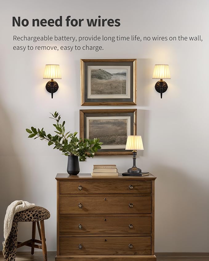 KDG Cordless Black Wall Sconces Set of 2, Beige Fabric Lampshde Wall Lamps | Small LED Wireless Portable Rechargeable Battery Lighting for Wall Painting, Living Room, Bedroom, Hallway, Gifts, Nightlight