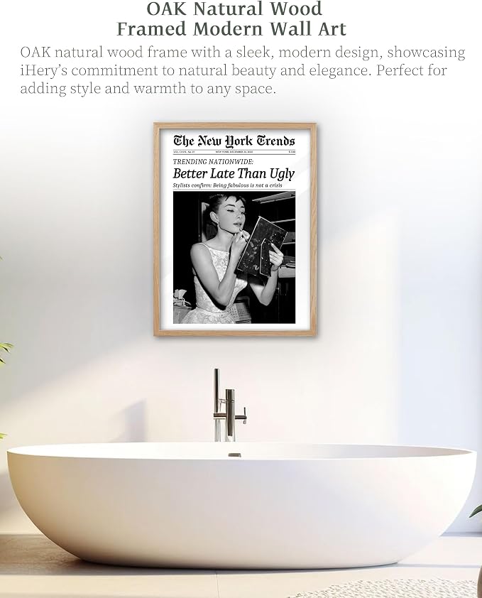 iHery 12x16in Hepburn Better Late Than Ugly Framed Bathroom Wall Art | Natural OAK Wood Frame with Canvas Print, Retro Black and White Decor for Bathroom, Bedroom, Apartment and Girly Room, 1Pack