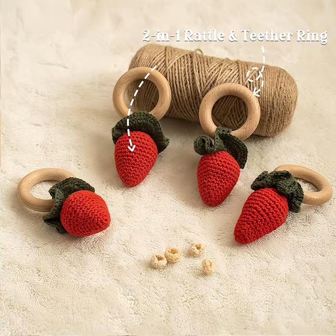 Wooden Baby Rattle Toys Stuffed Crochet Rattle with Teether Ring for Newborn Babies Fruit Wooden Teether Toy Infant Toddler Handcrafted Crochet Rattles Cute Shower Gifts for Boy and Girls