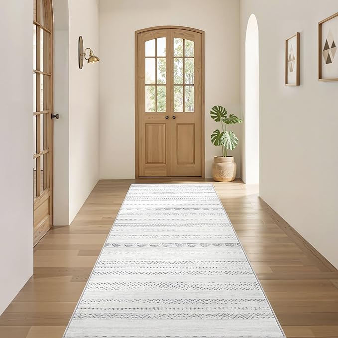 Nakagishi Boho 2x6 Runner Rug Machine Washable Rugs Non Slip Gray | Soft Underfoot, Stain Resistant, Carpet for Bedroom/Kitchen/Entryway/Hallway, Bathroom Pet & Kid Friendly Moroccan Farmhouse