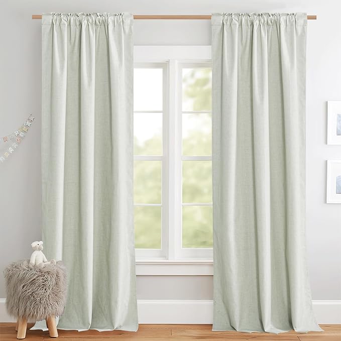 NICETOWN Light Green Linen 100% Blackout Curtains 120" Length with Thermal Insulated Liners, Farmhouse Style Extra Long Window Draperies for Patio Sliding Glass Door (2 Panels, 52" W)