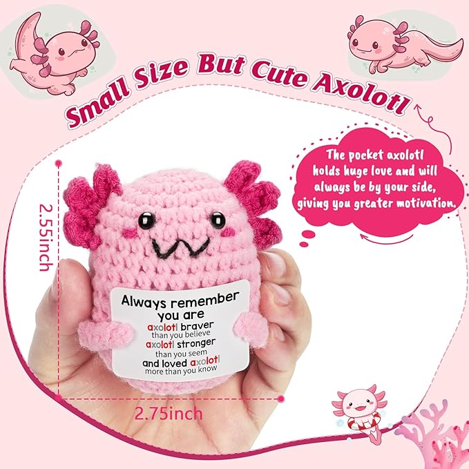 Emotional Support Plush Crochet Axolotl, Mini College Care Package Teen Girl Gifts Trendy Stuff for 5 6 7 8 9 10 11 13 Year Old Girl Birthday & Christmas, Stocking Stuffers