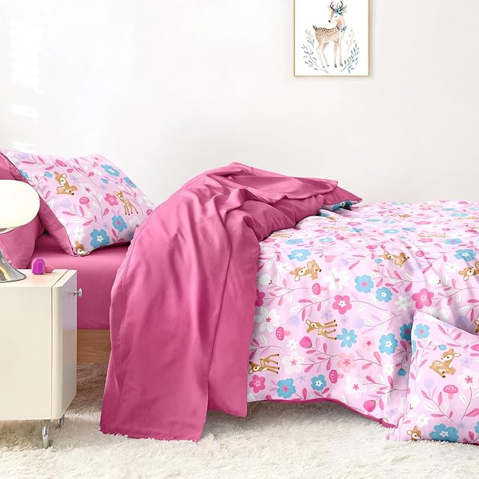 Wake In Cloud - Floral Bedding Set for Girls, Cute Colorful Botanical Flowers Deers Patterned Soft Lightweight Comforter Set with Sheets, 5 Pieces Kids Bed in a Bag, Pink, Twin Size
