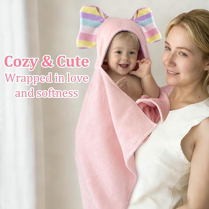 VOOVA & MOVAS Premium Pink Baby Hooded Bath Towel-100% Cotton,500GSM,33x31.5 Inches,0-2Years,Super Absorbent Large Towel with Cute Elephant Ears Hood for Newborn,Baby,Infant, Baby Essentials,Pink