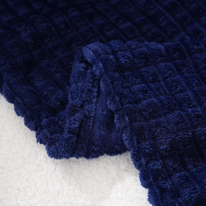 Puncuntex Fleece Throw Blanket Navy Blue 60"×80" with Square Grid Design | Super Soft Plush Cozy Flannel Throw Blanket Luxury for Couch Sofa Chair