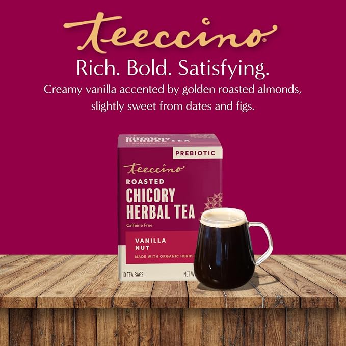 Teeccino Vanilla Nut Herbal Tea - Rich & Roasted Herbal Tea That’s Caffeine Free & Prebiotic for Natural Energy, 10 Tea Bags (Pack of 4)