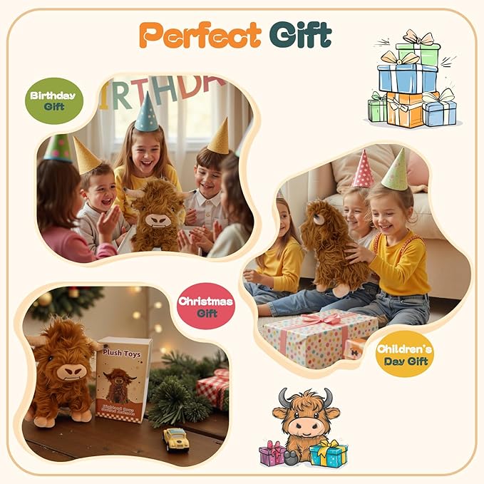 Inmorven 10.5 inches Highland Cows Stuffed Animals, Adorable Highland Cow Plush, Cute Scottish Cow Plush Toy, Farm Cattle Fluffy Cattle Gifts for Baby Kids Girls Boys Toddler Realistic Plush Décor