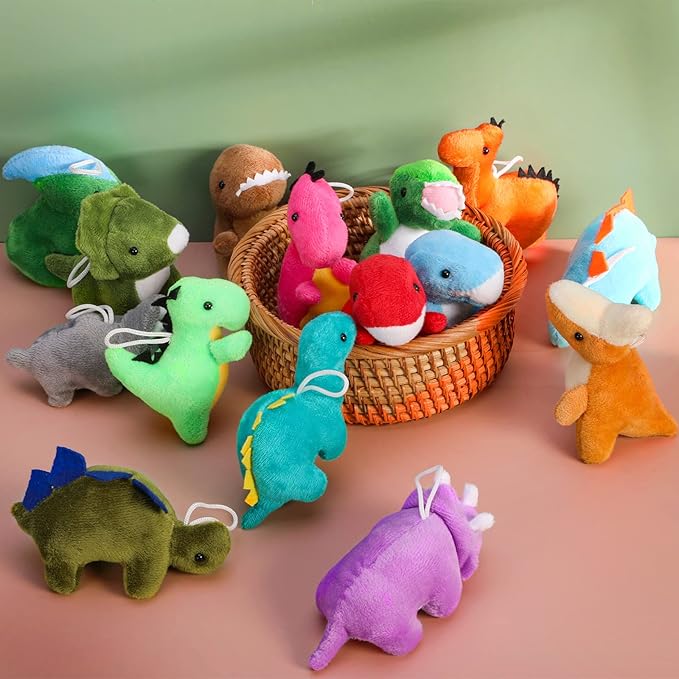 18 Pack Plush Dinosaur Toys Bulk, Mini Soft Stuffed Animal Cute Dinosaur Figures, Keychain Decoration for Goodie Bag Filler, Claw Machine, Treasure Chest Prizes, Birthday Party Favor for Kids
