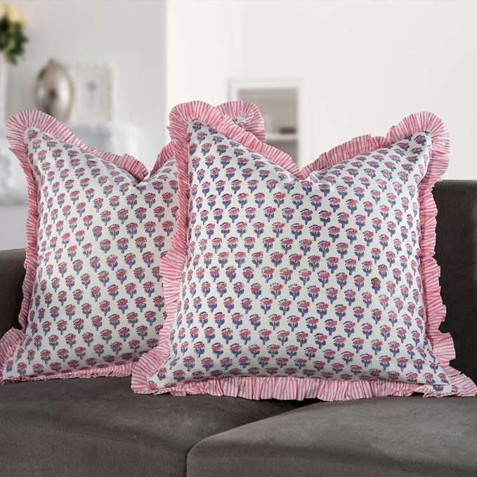 CPC Pink Sapphire Ruffle Throw Pillow Covers for Couch, 20x20 Inch Cotton Stripe Ruffle Couch Pillows for Living Room, Hidden 16 Inch Zipper Boho Pillow Case or Cute Outdoor Pillows