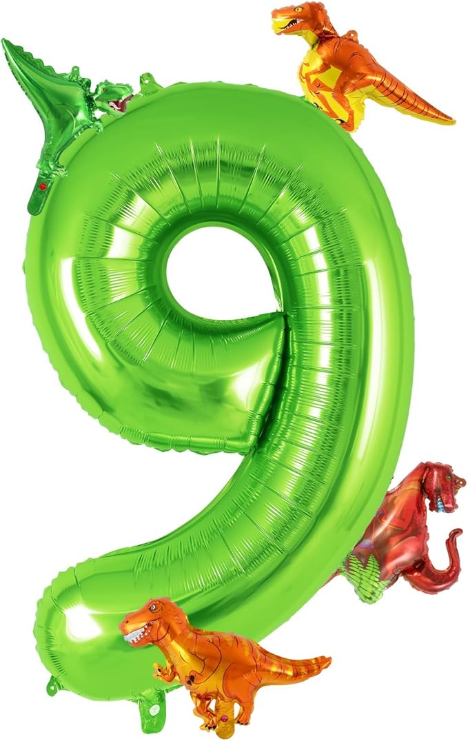 Dinosaur Green Number 9 Balloon, 40 Inch Big Large Foil Helium Green Number Balloon with 4 Pcs Mini Dinosuar, Dinosuar Mylar Balloons Set for 9 Year Old Birthday Party Decorations Supplies