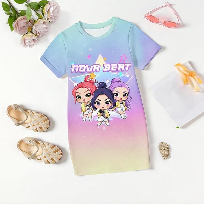 Girl's Anime K-POP Graphic Long Dress T-Shirt - Casual Loose Fit Short Sleeve Top