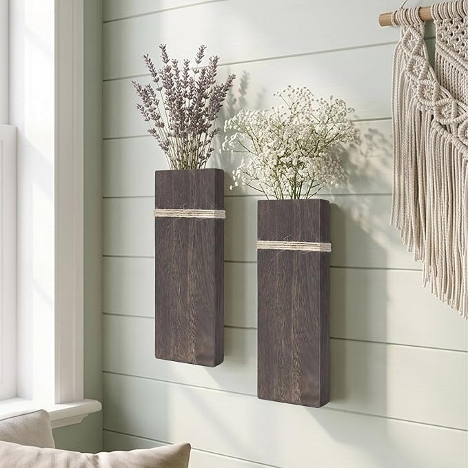 Wall Planters for Indoor Plants Set of 2, Rustic Boho Wood Wall Vases for Dried Flowers & Artificial Plants, Modern Farmhouse Home Decor for Living Room Bedroom Kitchen Dining Room - Dark Brown